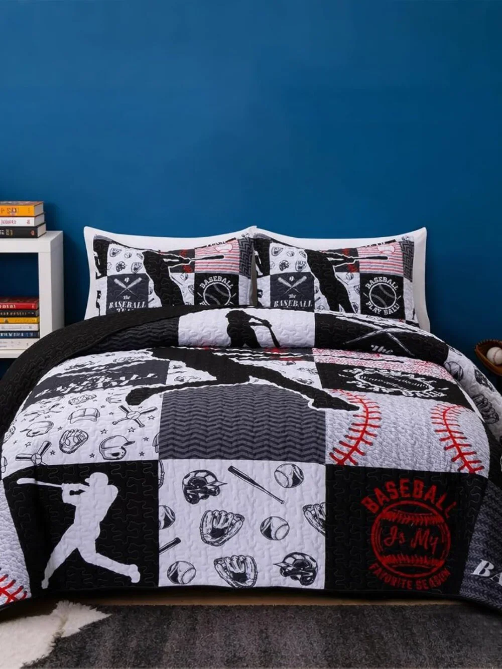 Kids Quilt Set Twin Size Sports Geometric Grid Black Patchwork Baseball Printed